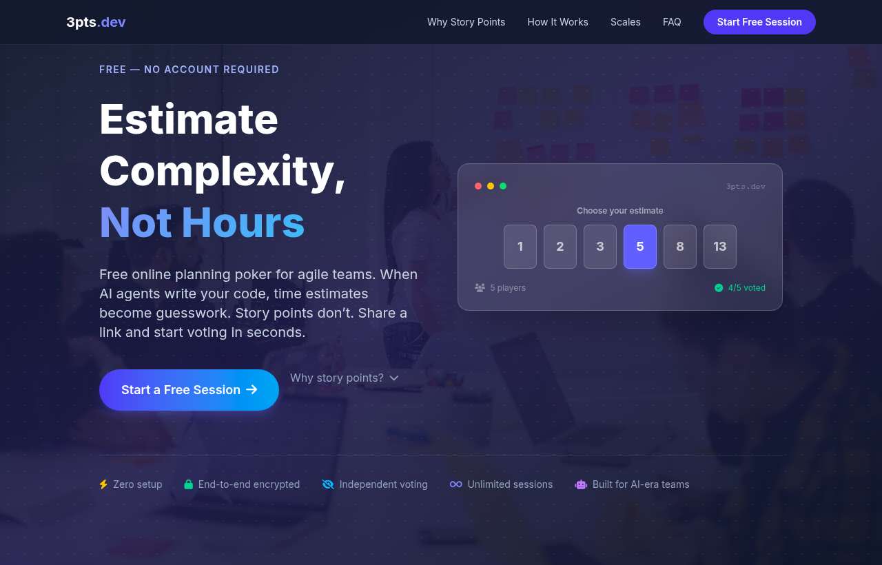 Website preview for ScrumPoker.app agile estimation tool